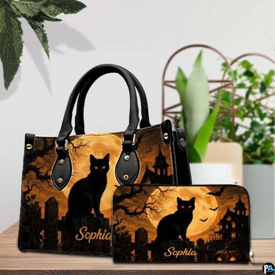 Black Cat Leather Bag – Vintage Cat Art Handbag, Stylish Animal-Themed Purse, Unique Gift for Cat Lovers