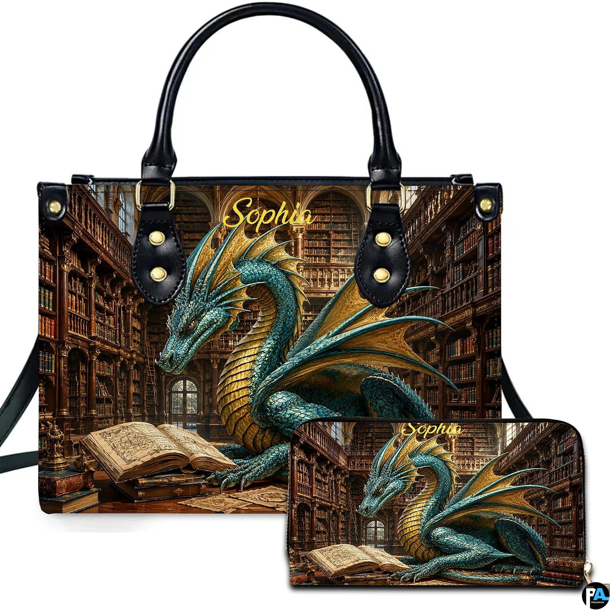 Grand library scholar dragon handbag and wallet set displayed against a white studio background
