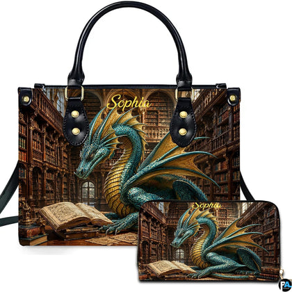 Grand library scholar dragon handbag and wallet set displayed against a white studio background