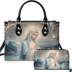 Stella Maris Virgin Mary ocean wave artwork printed on matching handbag and wallet set.