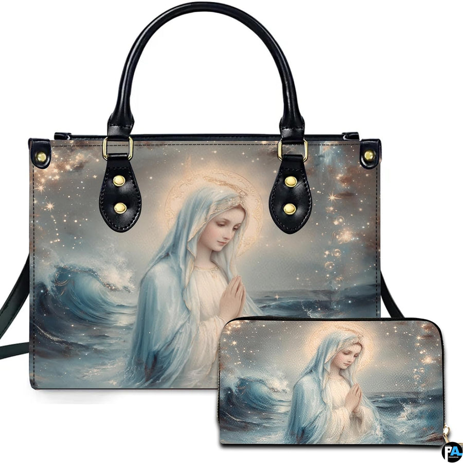 Stella Maris Virgin Mary ocean wave artwork printed on matching handbag and wallet set.