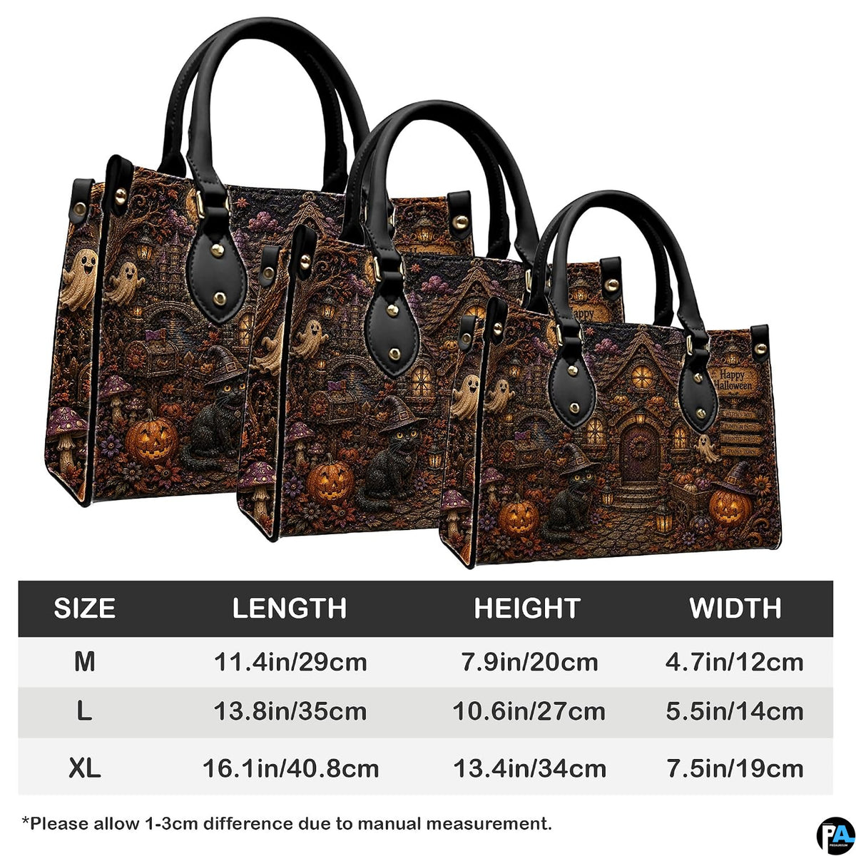 Proportional scale chart demonstrating medium, large, and extra-large options for the accessory.