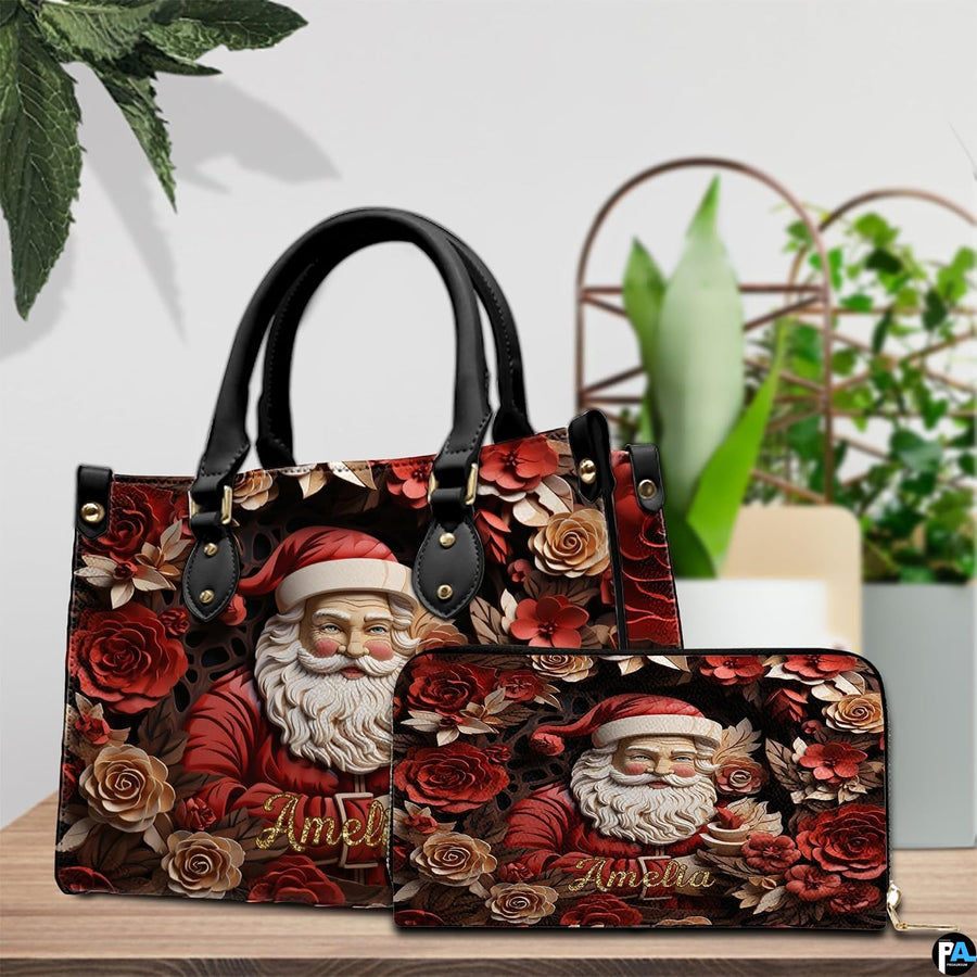 Measurement chart indicating product dimensions for Christmas Santa handbag.