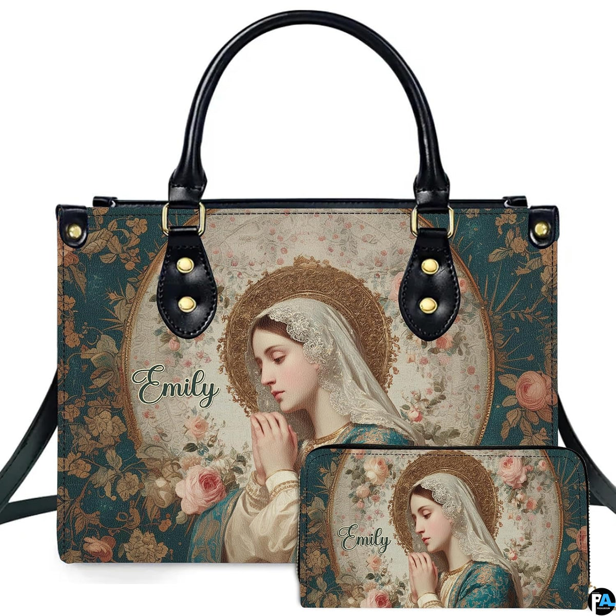Custom Catholic Virgin Mary Leather Bag, Personalized Name Handbags and Purses for Christian Women Religious Bag Gifts