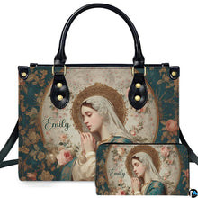 Custom Catholic Virgin Mary Leather Bag, Personalized Name Handbags and Purses for Christian Women Religious Bag Gifts