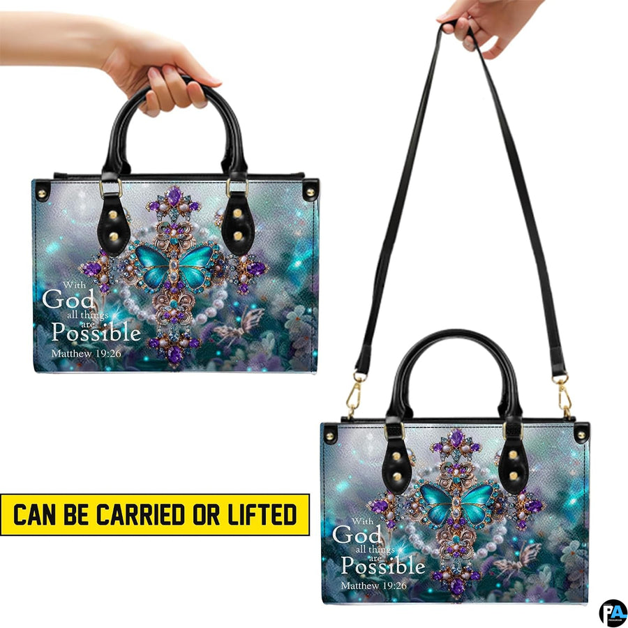 Front view of the butterfly cross handbag highlighting faith scripture and violet crystals
