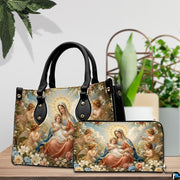 Side profile view of structured Madonna handbag showing silhouette and black carry handles