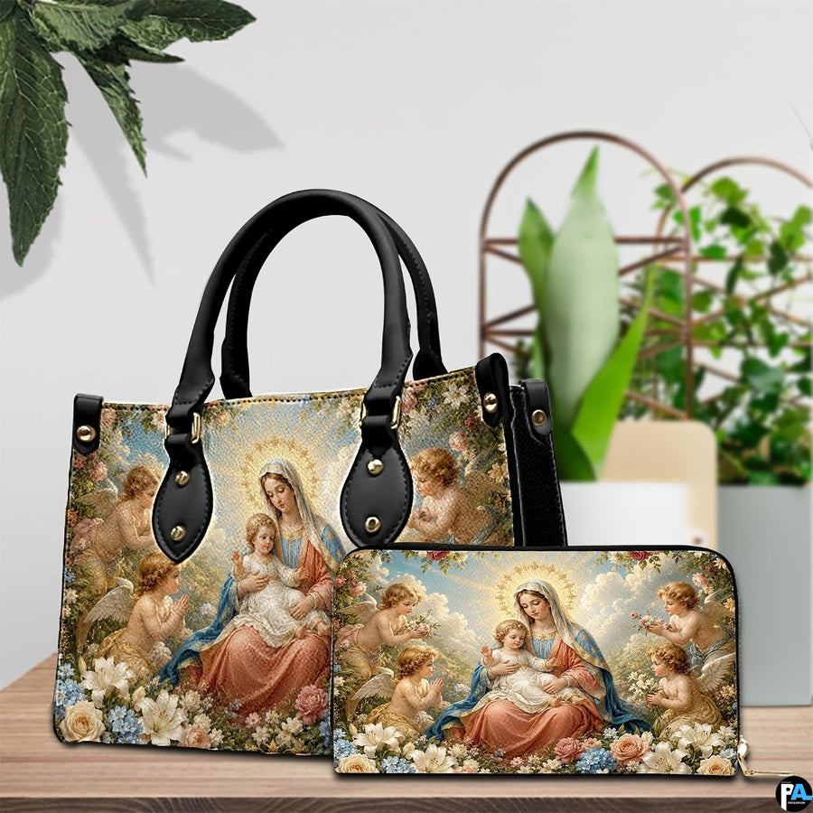 Side profile view of structured Madonna handbag showing silhouette and black carry handles