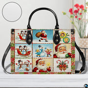 Front perspective of retro Christmas handbag in room setting showing textured surface grain