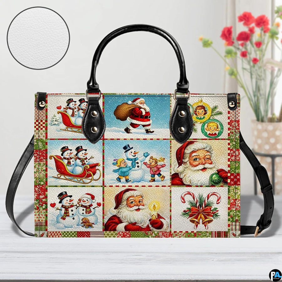 Front perspective of retro Christmas handbag in room setting showing textured surface grain