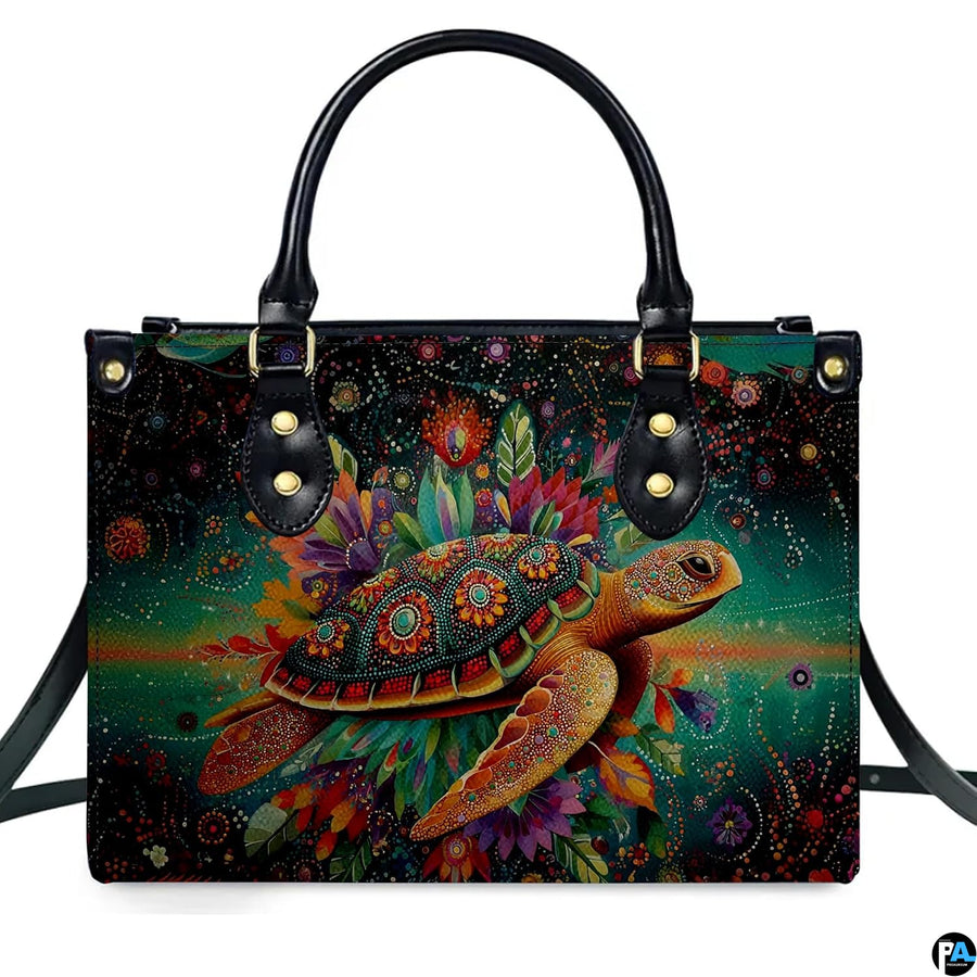 Close-up detail showcasing the multicolored dot mandala patterns on the shell.