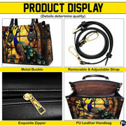 Peacock handbag feature collage with strap, zipper and interior views