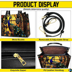 Peacock handbag feature collage with strap, zipper and interior views