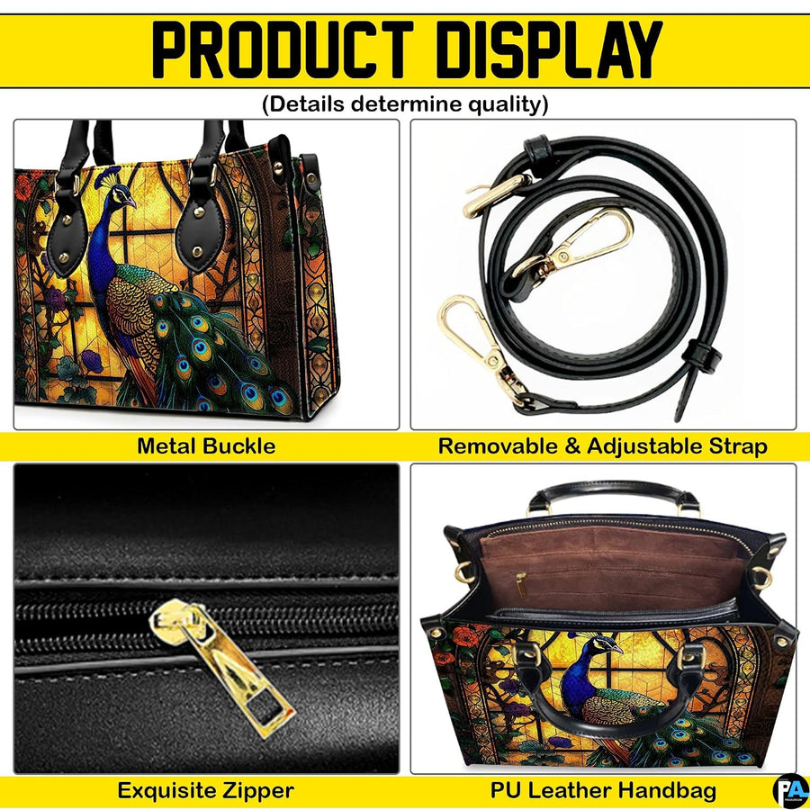 Peacock handbag feature collage with strap, zipper and interior views