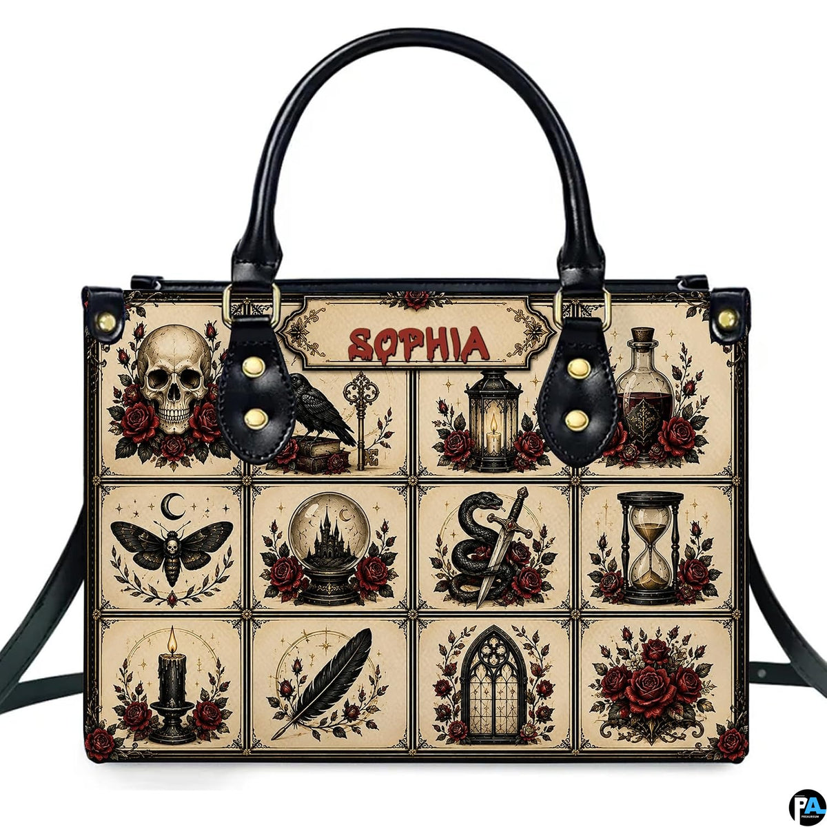 Front view of gothic occult flash grid satchel with skull, raven, and moth artwork on parchment background.