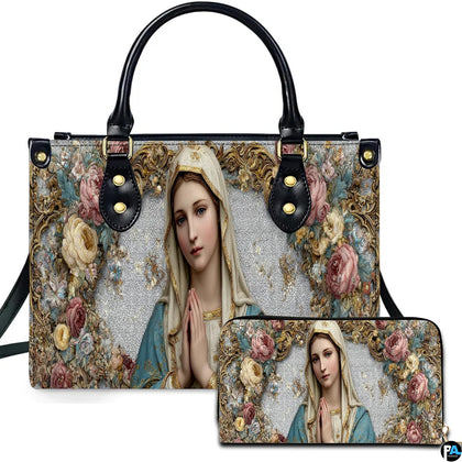 Front view of religious handbag featuring praying Virgin Mary in hooded ivory veil with gilded floral garland