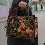 Outdoor perspective showing companion accessory carried by model in casual clothing