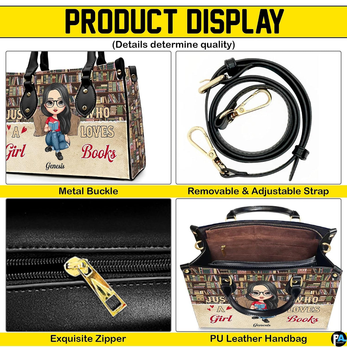 Dimension diagram comparing Medium, Large, and Extra Large proportions for the handbag.