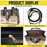 Dimension diagram comparing Medium, Large, and Extra Large proportions for the handbag.
