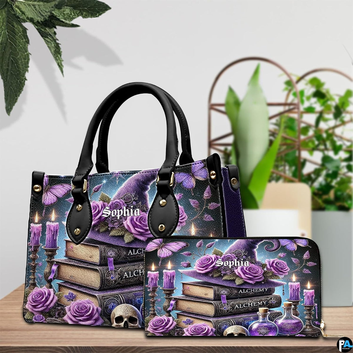 Purple gothic handbag and wallet set displayed on wooden table next to potted plant.