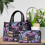 Purple gothic handbag and wallet set displayed on wooden table next to potted plant.