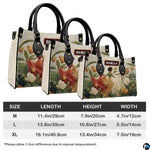 Size comparison chart showing medium, large, and extra-large options of the handbag.