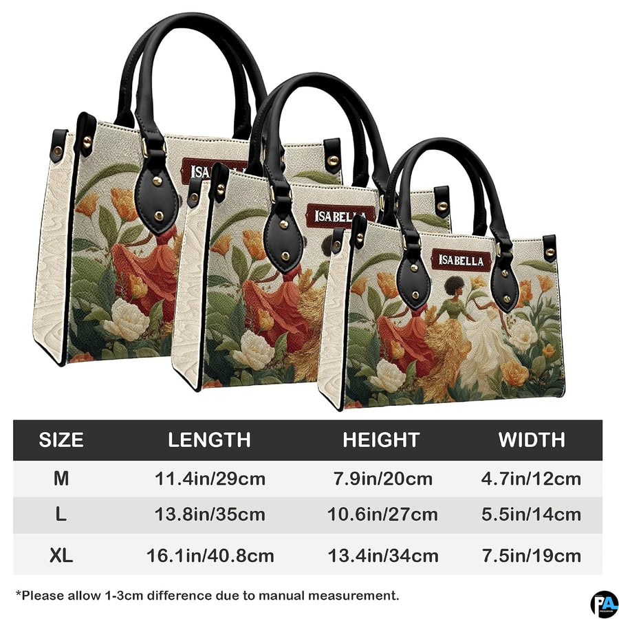 Size comparison chart showing medium, large, and extra-large options of the handbag.