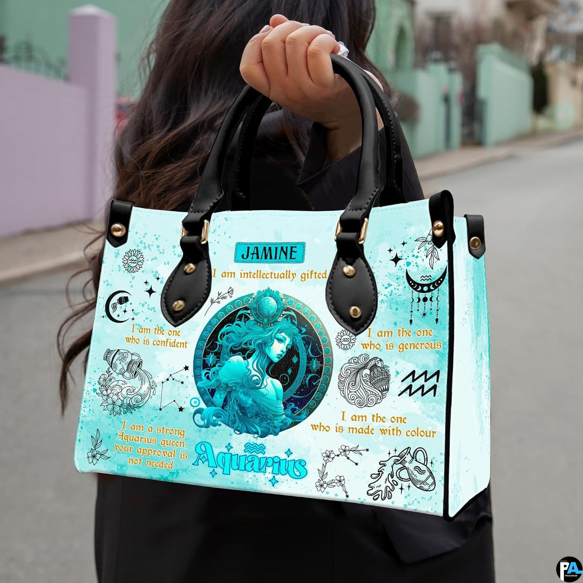 Coordinating celestial water bearer goddess tote handbag and zippered wallet pair