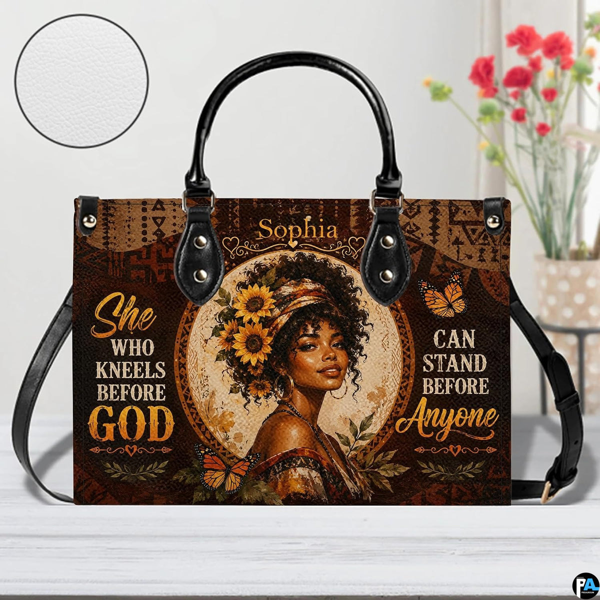 Front view of woman portrait handbag with sunflowers and monarchs