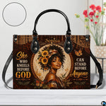 Front view of woman portrait handbag with sunflowers and monarchs