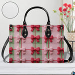 Sunlit tabletop display of pink and green gingham bow item with circular pattern inset