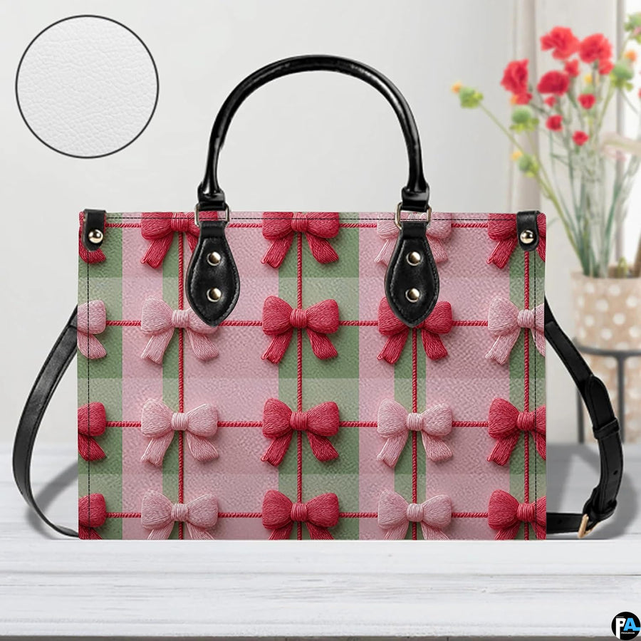 Sunlit tabletop display of pink and green gingham bow item with circular pattern inset