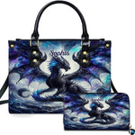 Cosmic shadow dragon handbag and matching zip wallet set featuring black winged dragon on starry nebula mist.