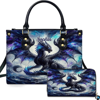 Cosmic shadow dragon handbag and matching zip wallet set featuring black winged dragon on starry nebula mist.