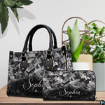 Gothic skull handbag on white table beside floral bouquet with texture swatch inset.