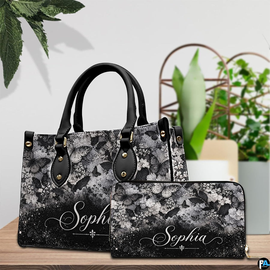 Gothic skull handbag on white table beside floral bouquet with texture swatch inset.