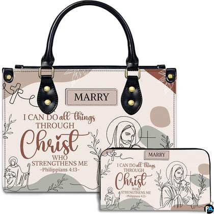 Christian Jesus line art handbag and matching wallet set on white background.