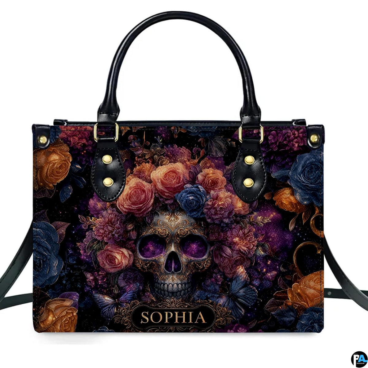 Gothic cosmic skull flower crown handbag displayed alone on white studio background.