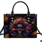 Gothic cosmic skull flower crown handbag displayed alone on white studio background.