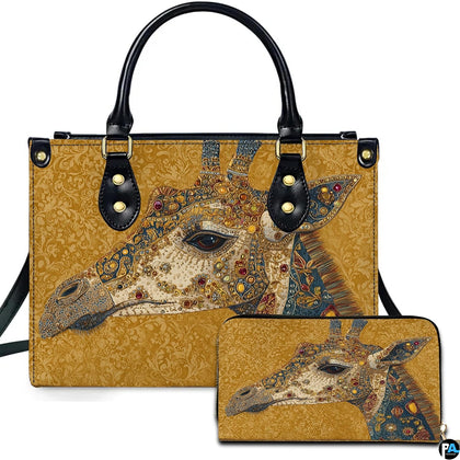 Front view of amber damask giraffe handbag and matching wallet set with ornate animal artwork.