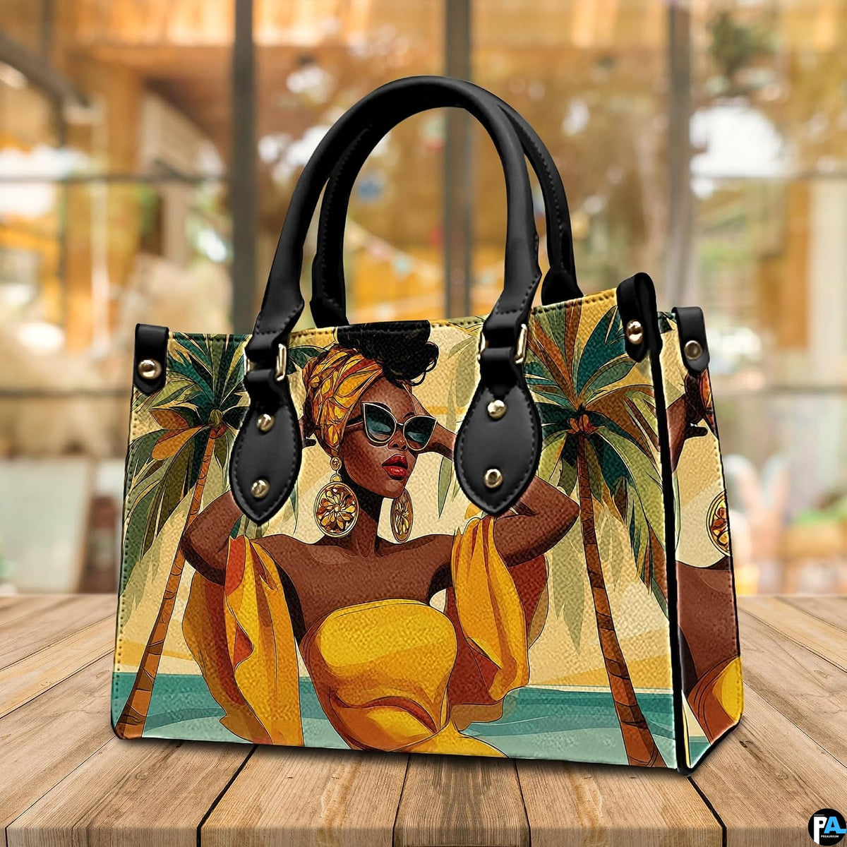 Tropical resort woman design resting upright on a natural wooden tabletop in a bright café setting.