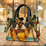 Tropical resort woman design resting upright on a natural wooden tabletop in a bright café setting.
