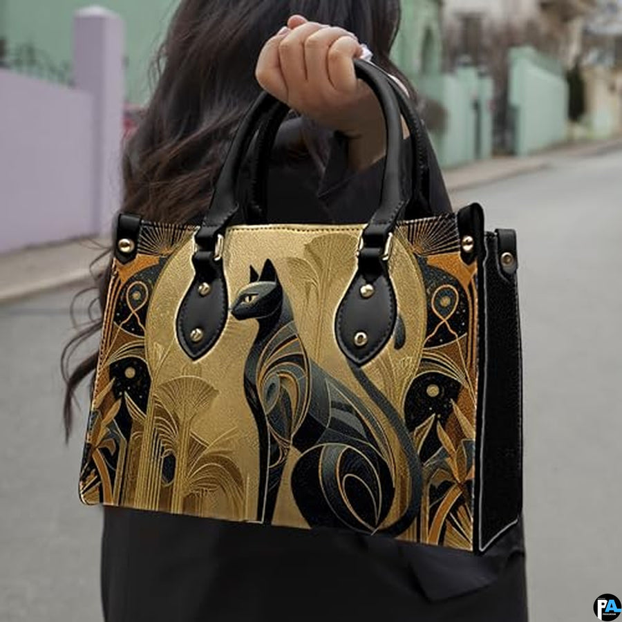 Black Cat Leather Bag – Vintage Cat Art Handbag, Stylish Animal-Themed Purse, Unique Gift for Cat Lovers