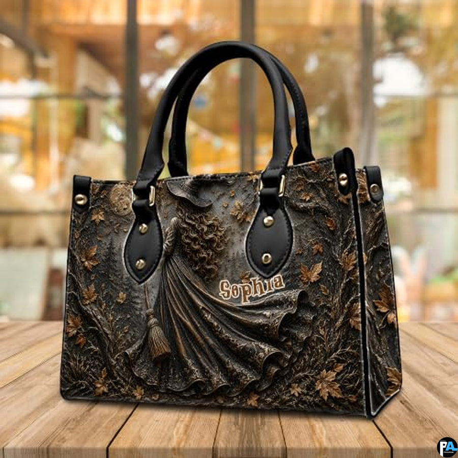 Personalized Witch Handbag with Purse, Custom Name Gothic Leather Bag Set for Women, Halloween Shoulder Bag, Witch Gift