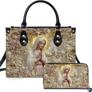 Alabaster blush mary handbag featuring sculpted praying madonna relief with baroque golden aureole and roses.