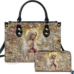 Alabaster blush mary handbag featuring sculpted praying madonna relief with baroque golden aureole and roses.