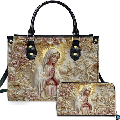 Alabaster blush mary handbag featuring sculpted praying madonna relief with baroque golden aureole and roses.
