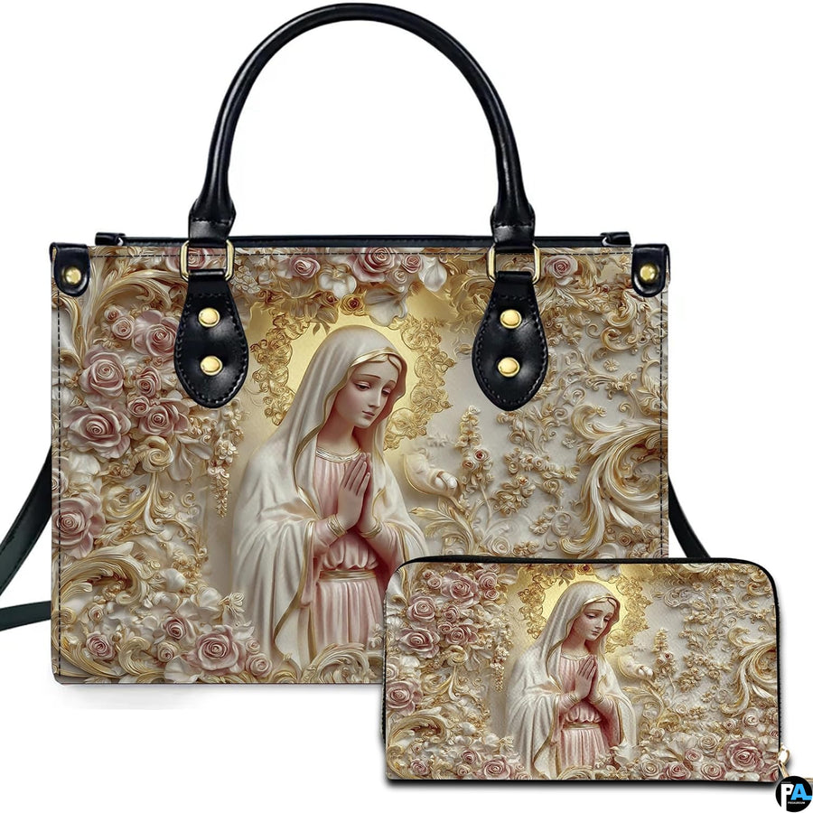 Alabaster blush mary handbag featuring sculpted praying madonna relief with baroque golden aureole and roses.