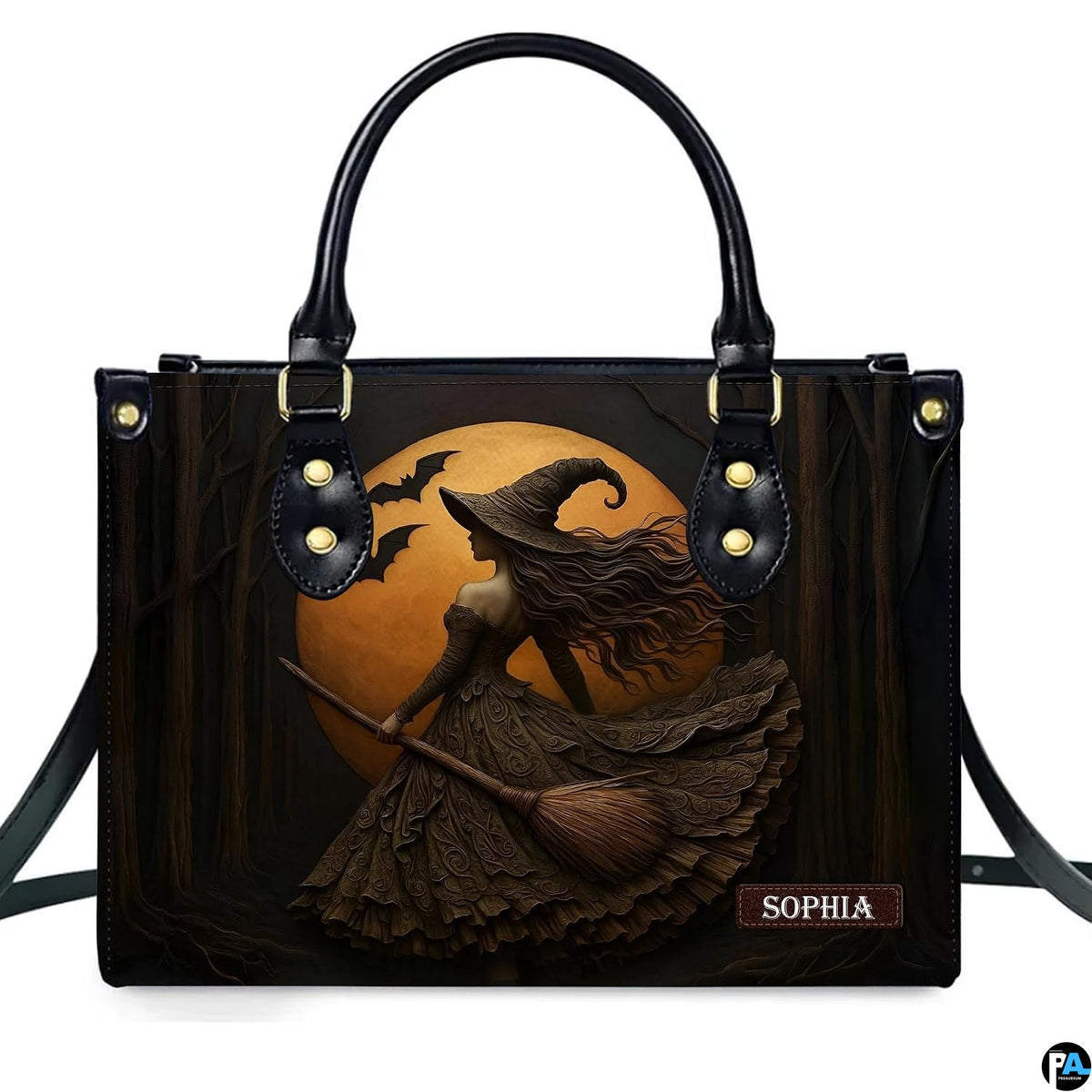 Gothic autumn witch broomstick handbag displayed alone on white background.