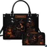 Witchy halloween art design showcasing gothic sorceress, glowing lantern, and pumpkins alongside companion piece.